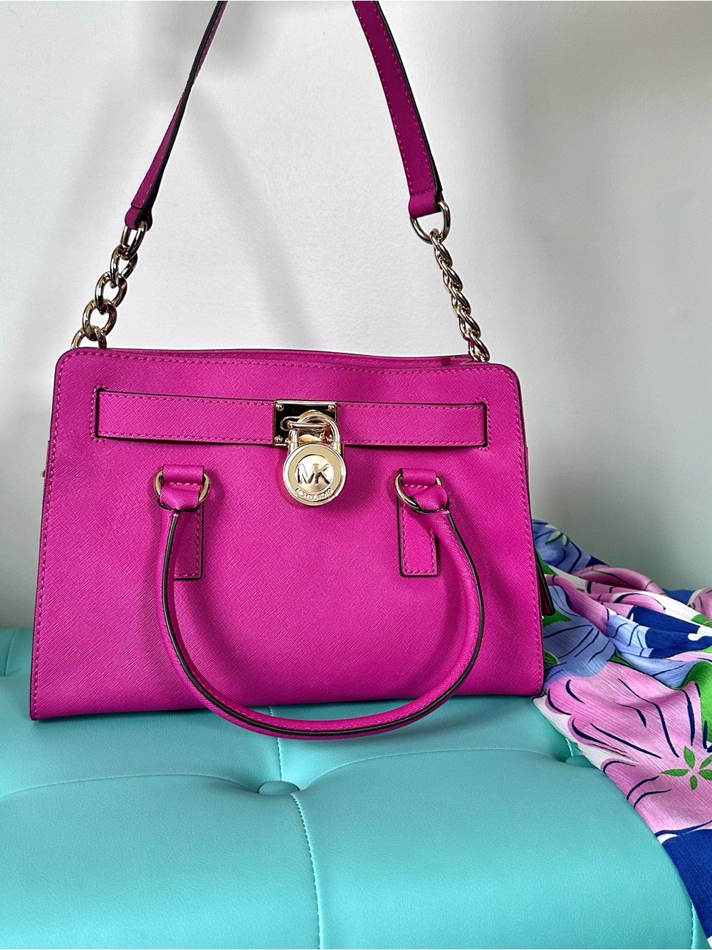 Vintage Hot Pink Michael Kors Hamilton Satchel Bag Gold Lock Charm Crossbody - Picture 2 of 11